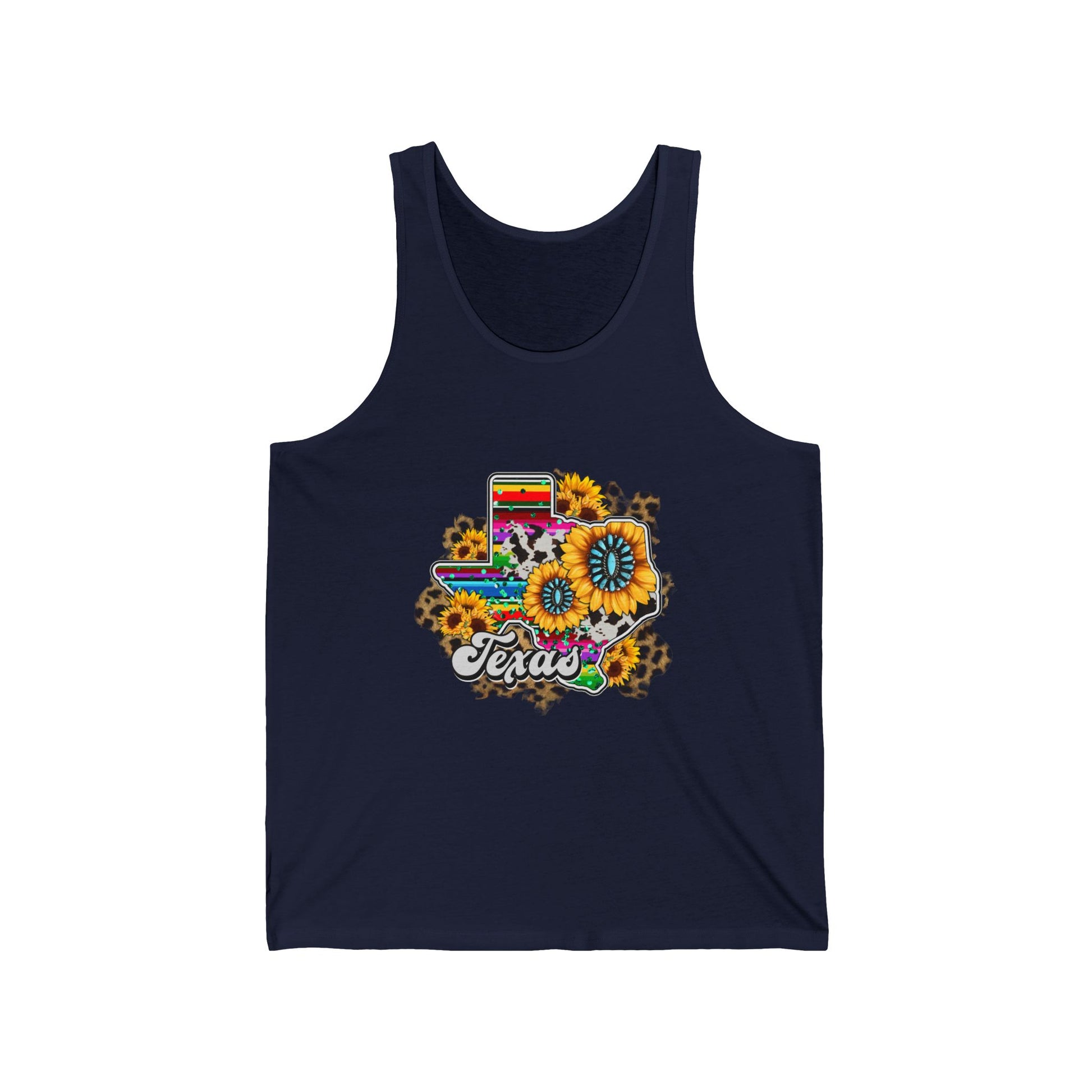 Colorful Texas Sunflower Unisex Jersey Tank, Summer Wear, Pride Apparel, Gift for Texas Lovers, Floral Graphic Tank Top, Casual Outfit