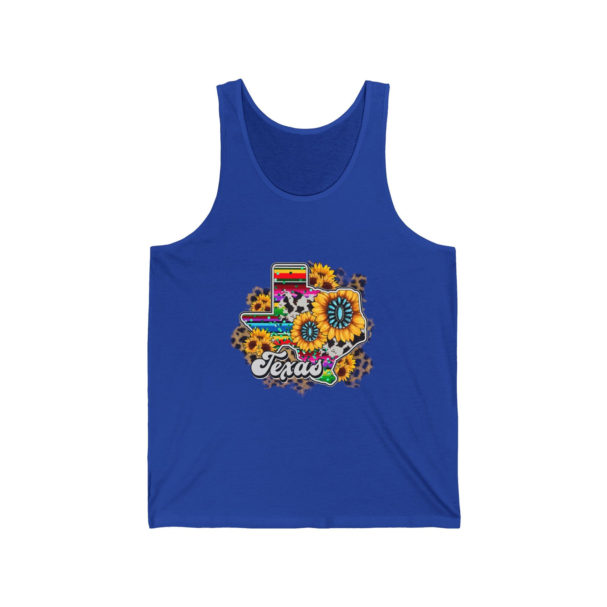 Colorful Texas Sunflower Unisex Jersey Tank, Summer Wear, Pride Apparel, Gift for Texas Lovers, Floral Graphic Tank Top, Casual Outfit