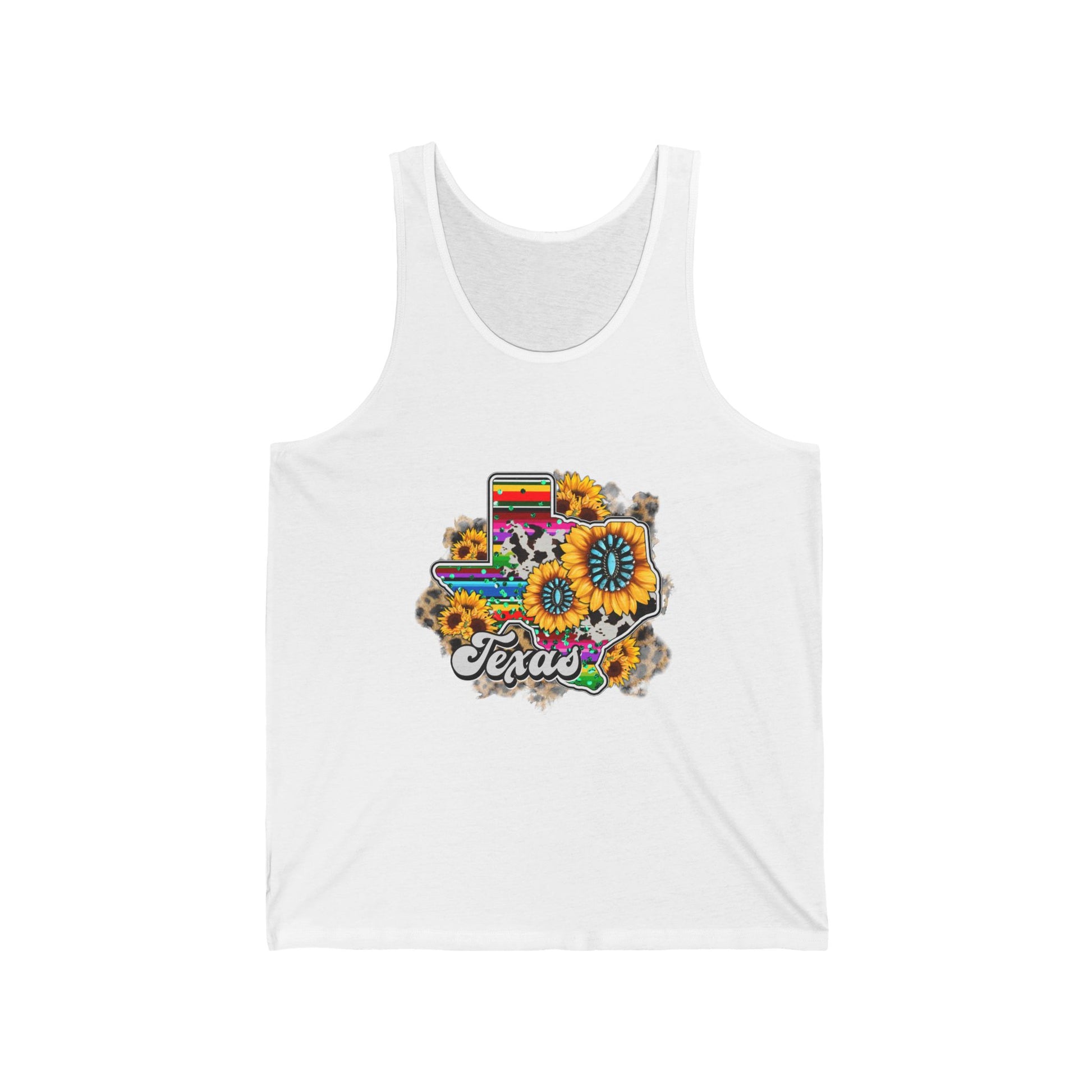 Colorful Texas Sunflower Unisex Jersey Tank, Summer Wear, Pride Apparel, Gift for Texas Lovers, Floral Graphic Tank Top, Casual Outfit